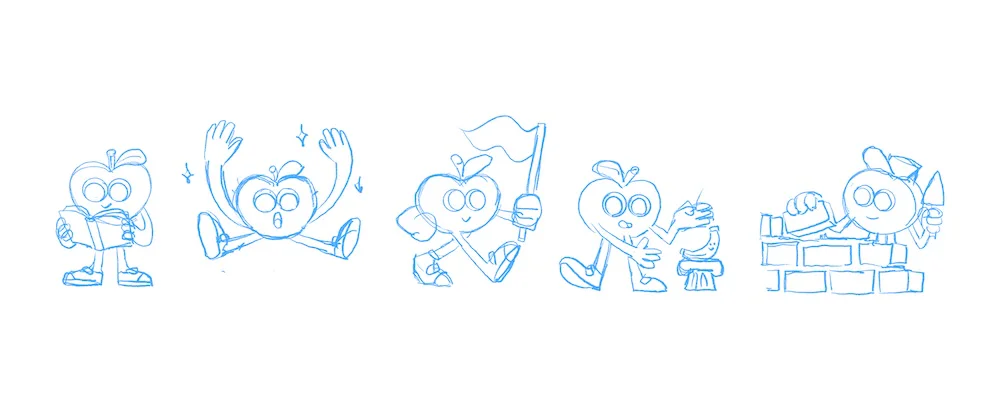 Blue pencil sketches of an apple-shaped mascot reading, cheering, carrying a flag and building a brick wall.