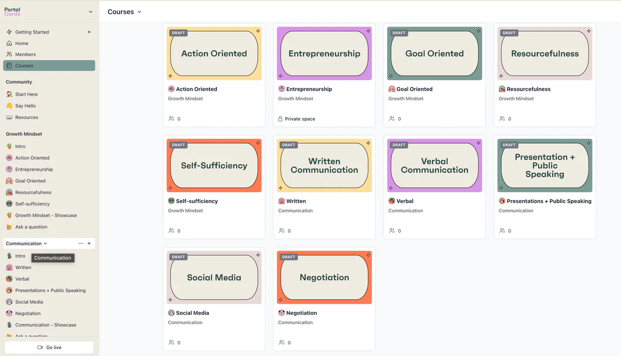 Portal Cards course library in a community platform, with draft course tiles for Growth Mindset and Communication skills.