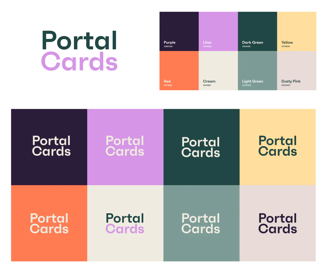 Portal Cards logo with an eight-color palette and the logo repeated on each color