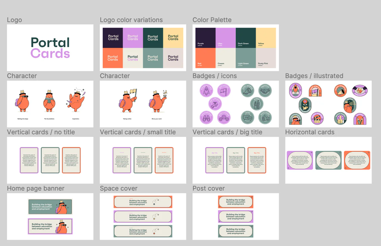 Figma board of Portal Cards brand elements: logo, palette, characters, badges, card layouts and banners