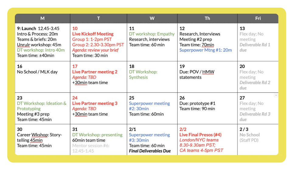 Four-week team calendar with launch, kickoff, partner meetings, design thinking workshops and final presentations