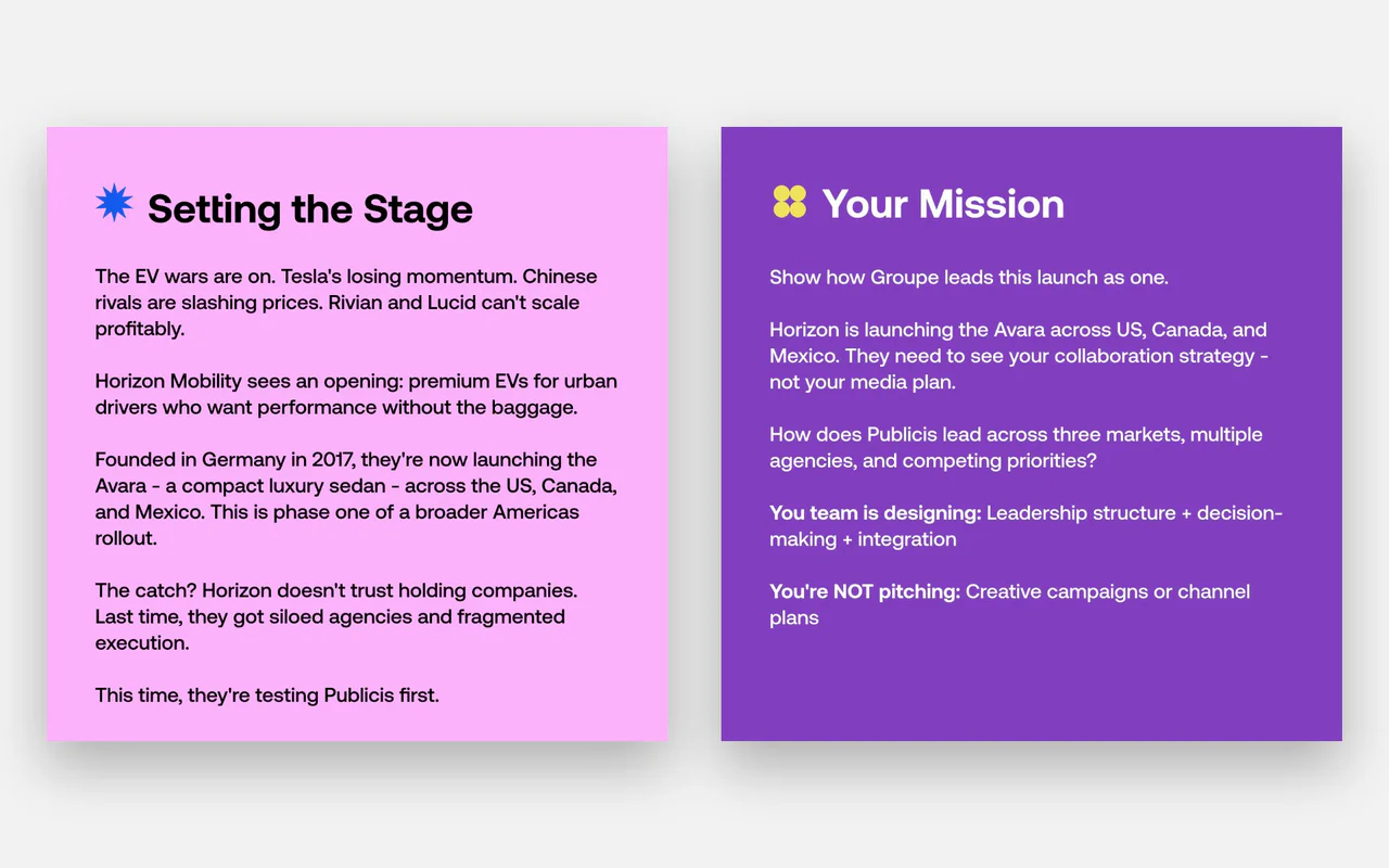 Two cards for the Americas cohort: Setting the Stage, about Horizon's US, Canada and Mexico launch, and Your Mission.