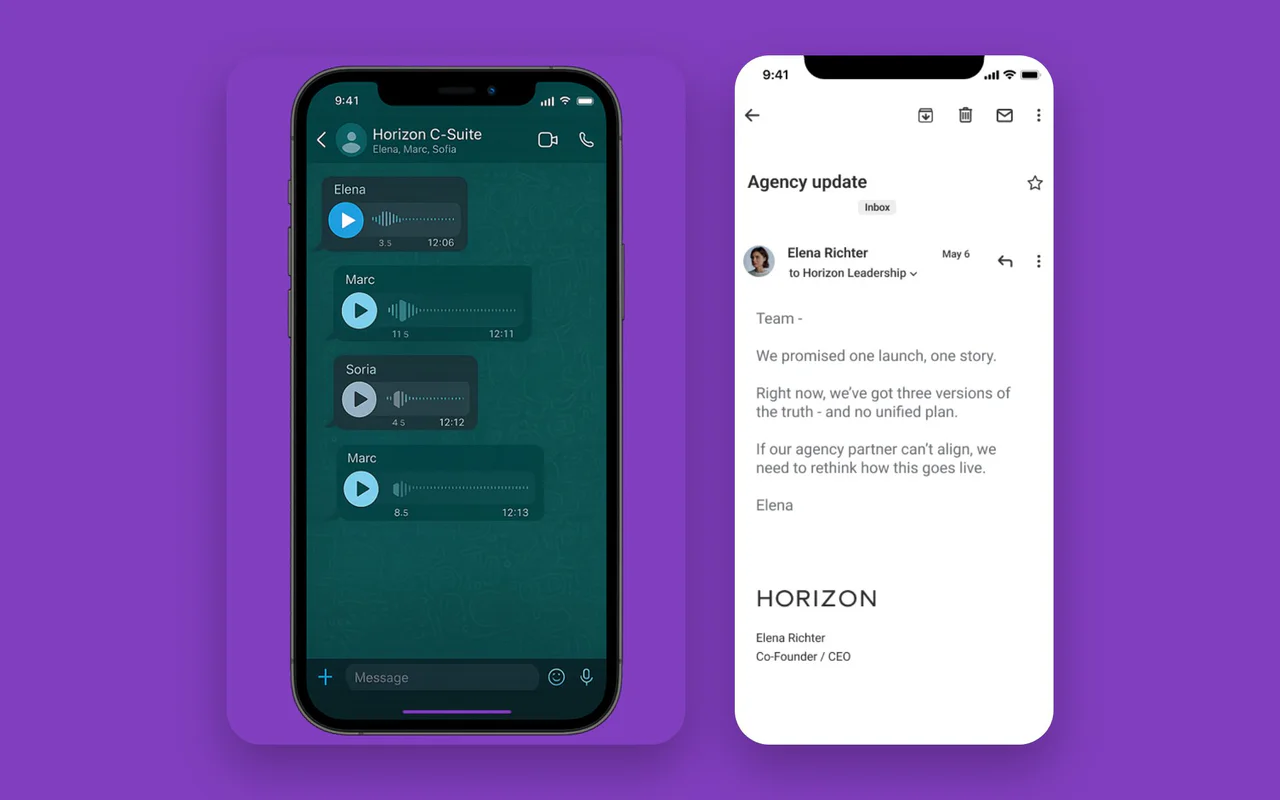 Two phones: a group chat called Horizon C-Suite full of voice notes from Elena, Marc and Sofia, and an email from Elena Richter headed Agency update.