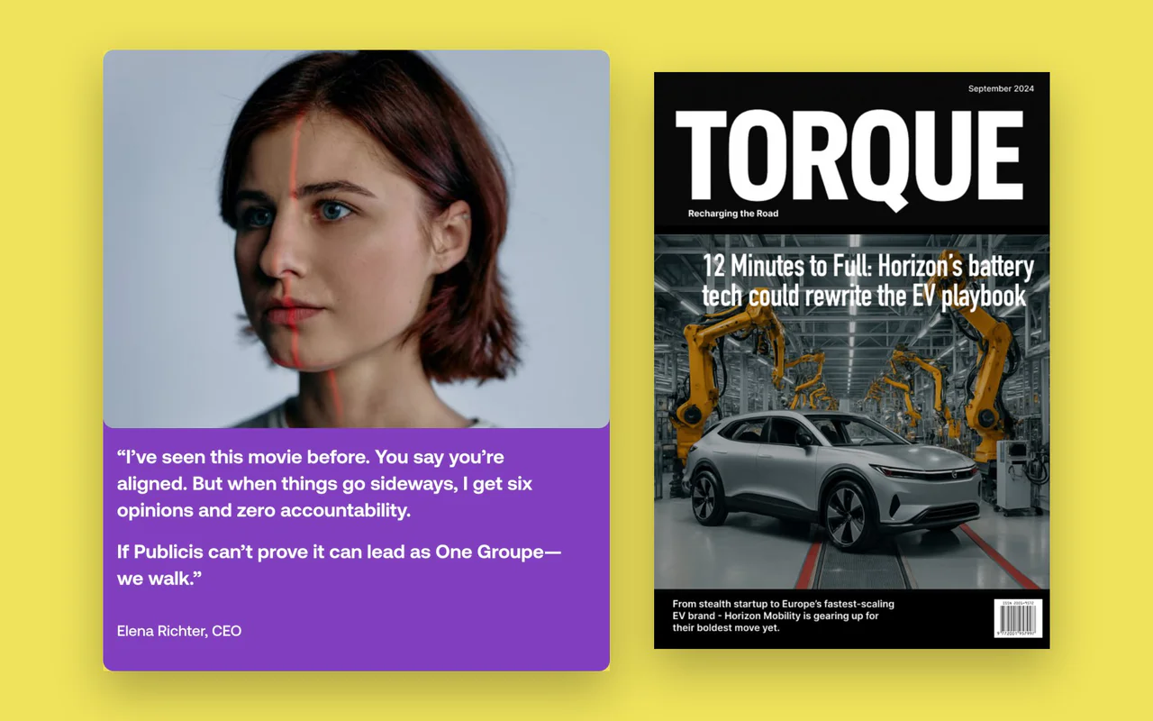 A quote card from Elena Richter, CEO, beside a mock Torque magazine cover about Horizon's battery.