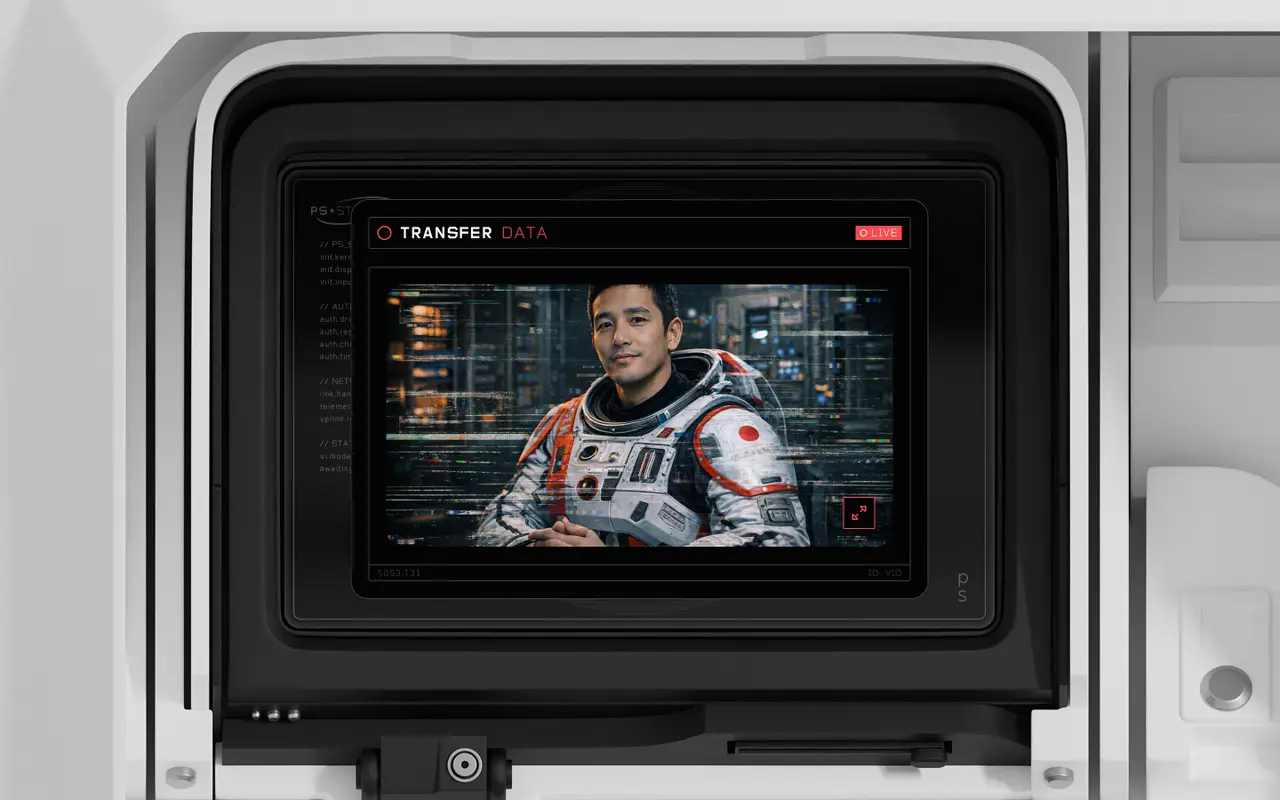 Spaceship screen labeled Transfer Data, showing a live video call with a smiling astronaut in a white suit.