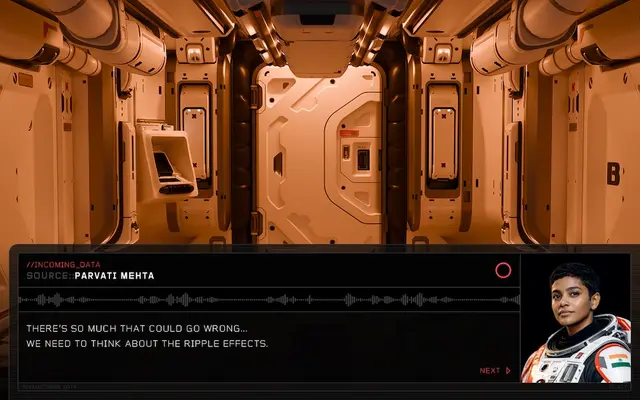 Game screen in a spaceship corridor: crew member Parvati Mehta, in a spacesuit, warns about ripple effects