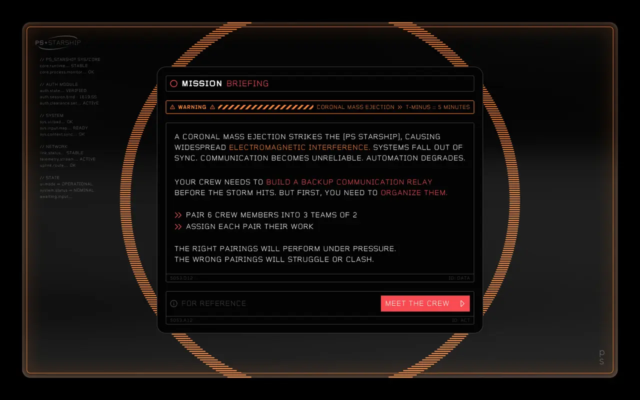 Mission briefing screen: a solar storm is coming and the player must pair six crew members into three teams