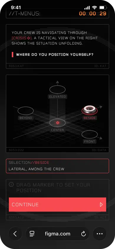 Phone mockup asking where to position yourself in a crisis, with a drag marker set to beside the crew