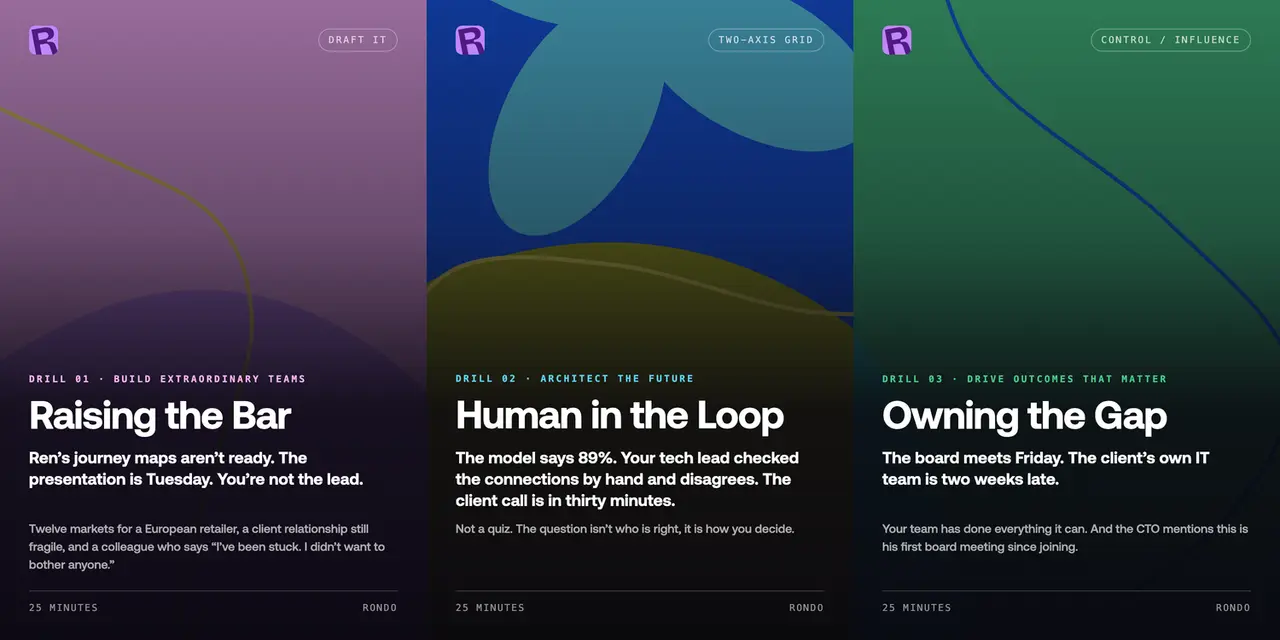 The three drills as title cards: Raising the Bar, Human in the Loop and Owning the Gap, each with its opening situation.