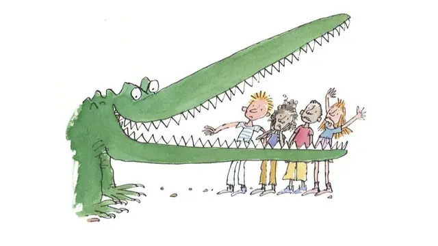Illustration of a green crocodile with four children standing between its open jaws, used as a storytelling example