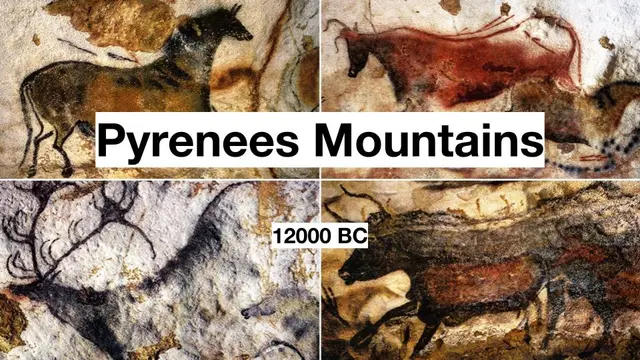 Slide of cave paintings of animals labeled 'Pyrenees Mountains, 12000 BC', an example of ancient storytelling