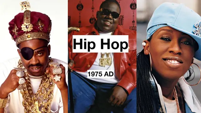 Workshop slide titled Hip Hop, 1975 AD, with portraits of three hip hop artists