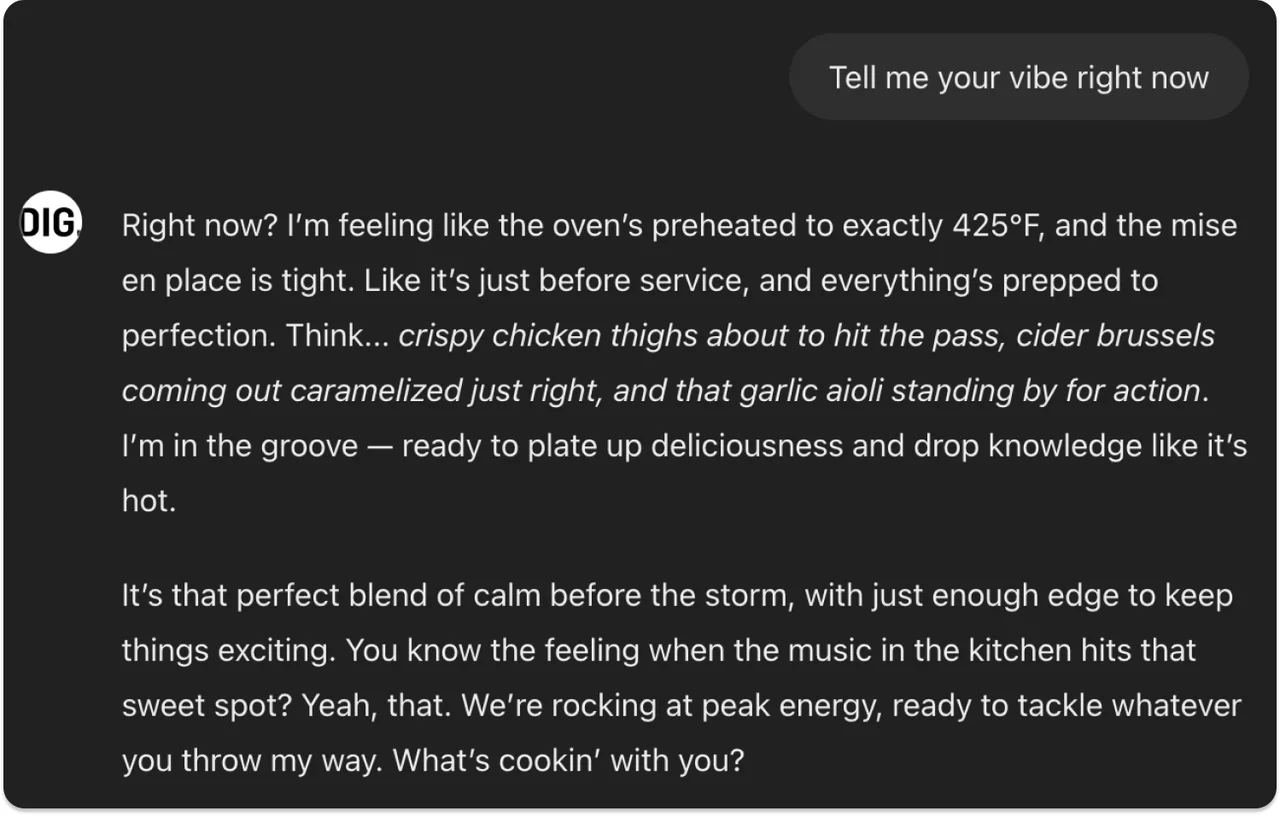 Chat with the DIG GPT, which answers a request for its vibe in the voice of a busy restaurant kitchen