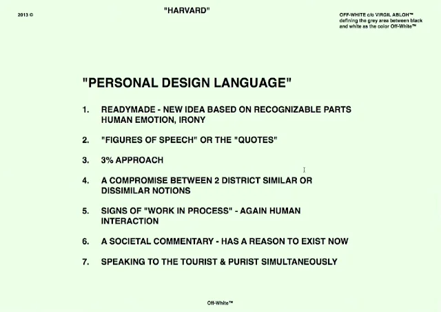 Slide listing seven principles of a personal design language, from readymade to speaking to the tourist and the purist